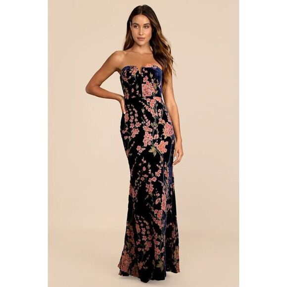 Lulus Bloom In Mind Navy Blue Floral Print Velvet Strapless Maxi Dress - Size S - Picture 1 of 1